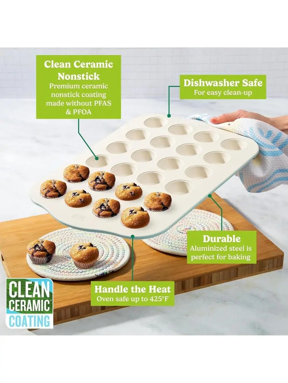 Ceramic 24-Cup Mini Muffin Pan, Aluminized Steel, Aqua
